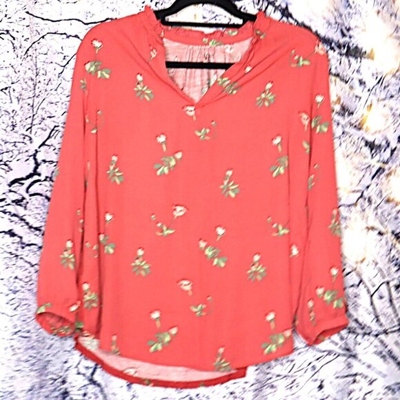 FLORAL TWO TONE TEE M Loft Coral Abstract Spring Summer Casual Travel Vacation - Picture 1 of 5